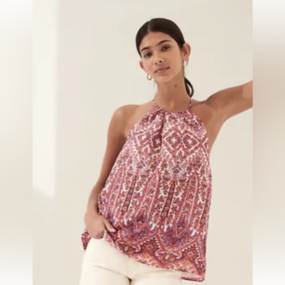 Banana Republic Cross Back Pink/Red Patterned Halter Tank Top Size Petite L